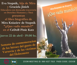 Eva Stupnik presenta el libro de Mira Kniaziew de Stupnik ¡¿Quo vadis mundo?!, en el CeDoB Pinie Katz